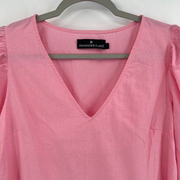 Pomander Place by Tuckernuck Pink Lizzie Mini Dress Babydoll Poplin V-Neck sz M - Picture 3 of 6